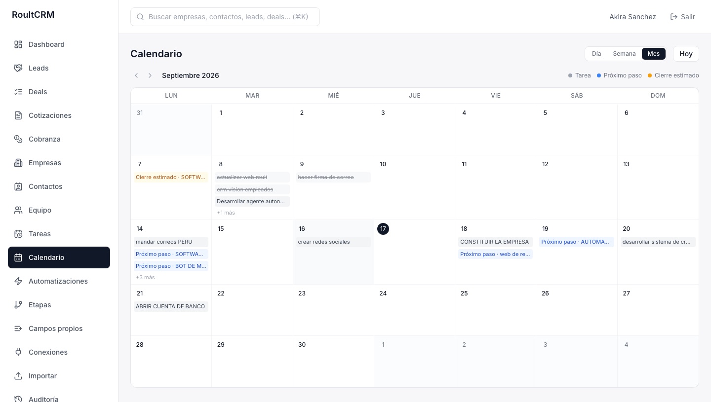 Calendario mensual de RoultCRM con tareas, próximos pasos y cierres estimados distinguidos por color, y las tareas cumplidas tachadas.