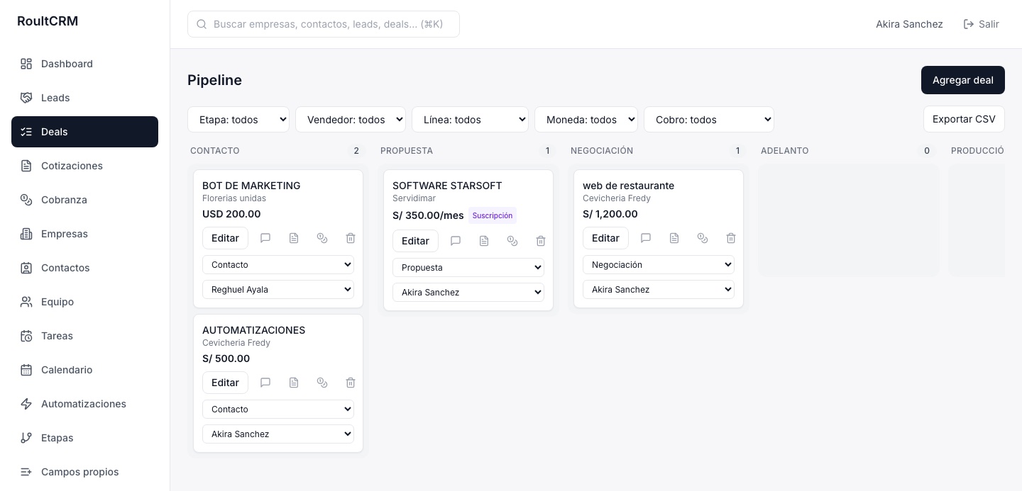 Pipeline de RoultCRM: tablero por etapas —contacto, propuesta, negociación, adelanto, producción— con cada negocio, su empresa, su monto en soles o dólares y su vendedor.