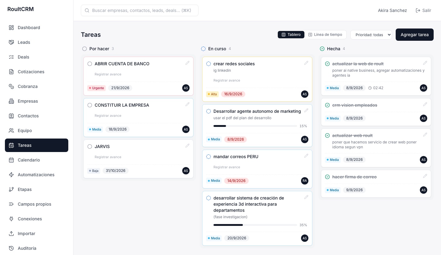 Tablero de tareas de RoultCRM en tres columnas —por hacer, en curso y hecha— con prioridad, fecha, barra de avance y responsable en cada ficha.